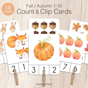 AFSCHEIDSUITVERKOOP: telkaarten herfst en clipkaarten 1-10, telkaarten herfst, educatief voorschoolse leren flashcards
