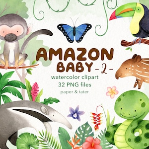 AFSCHEIDSUITVERKOOP - aquarel Amazone babydieren 2 clipart, tropische regenwouddieren, babyaap, anaconda, toekan, miereneter, tapir