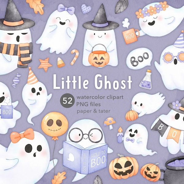 Halloween Little Ghost Watercolor Clipart, Cute Halloween Boo PNG