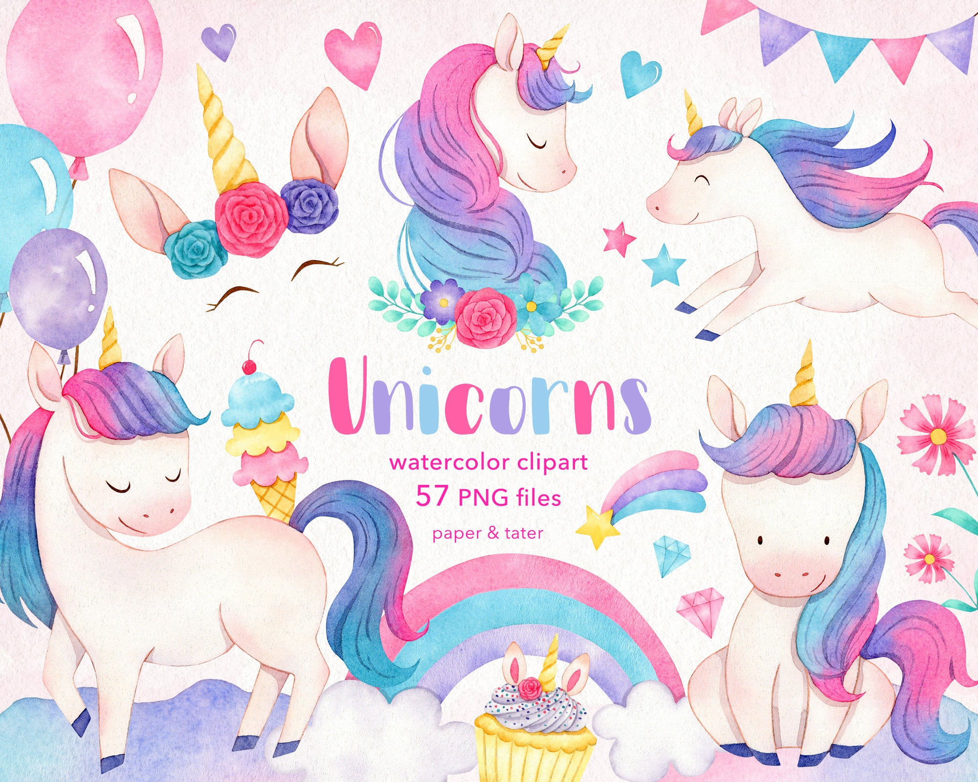 Watercolor Unicorns Clipart Graphics Magical Chubby Kawaii Etsy