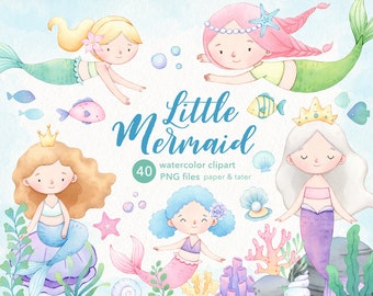 Watercolor Mermaid Clipart, Cute Mermaids PNG