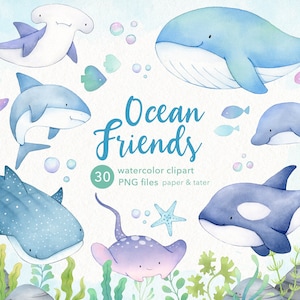 Whales and Sharks Watercolor Clipart, Cute Ocean Animals PNG image 1