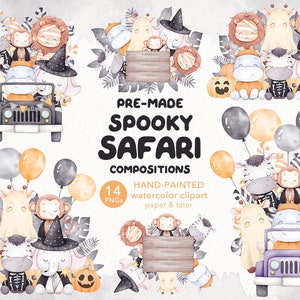 Farewell SALE - Safari Halloween Komposition Aquarell Baby Tiere Clipart, Gebrauchsfertiges gruseliges Wildtier PNG