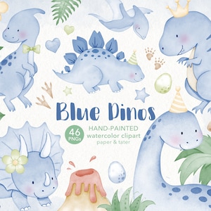 SALDI DI ADDIO - Clipart acquerello di dinosauri blu, simpatici dinosauri maschietti in formato PNG