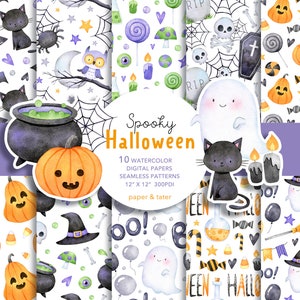 Watercolor Spooky Halloween Digital Papers, Fabric Seamless Pattern, Scrapbook Papers, Wrapping Paper, Ghost, Jack O Lantern, Black cat, Bat