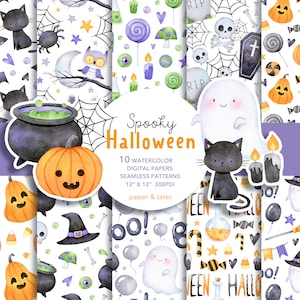 Watercolor Spooky Halloween Digital Papers, Fabric Seamless Pattern, Scrapbook Papers, Wrapping Paper, Ghost, Jack O Lantern, Black cat, Bat