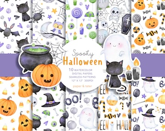 Watercolor Spooky Halloween Digital Papers, Fabric Seamless Pattern, Scrapbook Papers, Wrapping Paper, Ghost, Jack O Lantern, Black cat, Bat