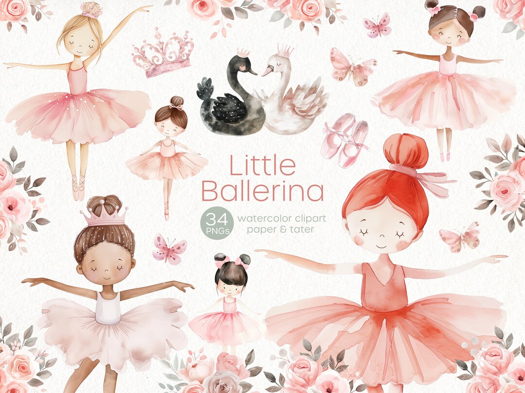 Pink Little Ballerina Watercolor Clipart, Swan & Ballerina PNG - Etsy