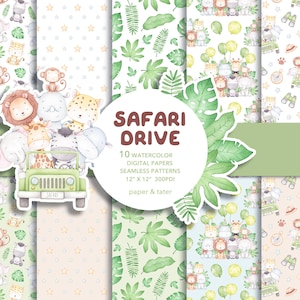 OFERTA DE DESPEDIDA - Papeles digitales de acuarela Safari Drive, patrón de tela sin costuras, fondo de animales salvajes encantadores