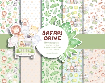 Watercolor Safari Drive Digital Papers, Fabric Seamless Repeat Pattern, Cute Wild Animal Background