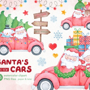 Watercolor Santa's Cars Clipart, Side View Christmas Vehicles PNG