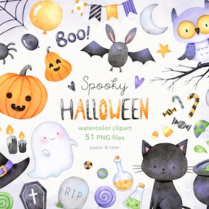 Watercolor Spooky Halloween Clipart, Jack O Lantern, Black cat, Bat, Skull, Owl, Spider Web, Witch Hat, Cauldron, Water Color Clip Art PNG