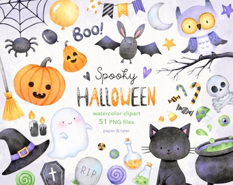 Watercolor Spooky Halloween Clipart, Jack O Lantern, Black cat, Bat, Skull, Owl, Spider Web, Witch Hat, Cauldron, Water Color Clip Art PNG