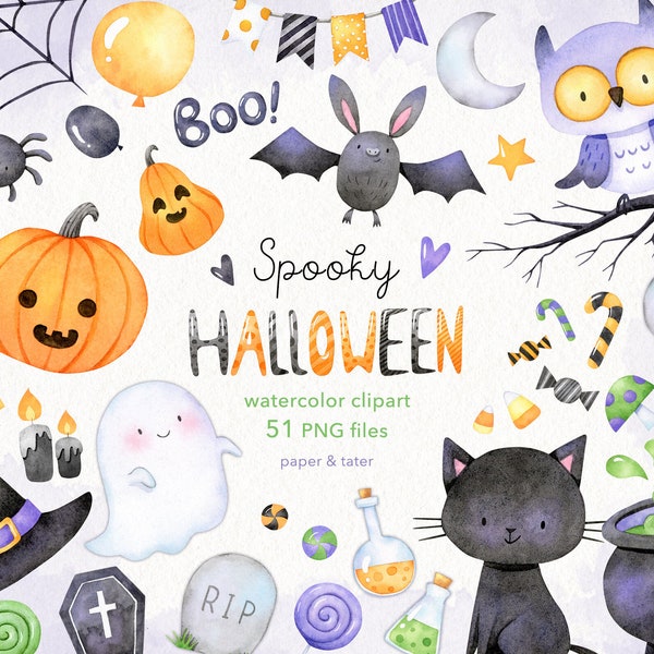 Watercolor Spooky Halloween Clipart, Jack O Lantern, Black cat, Bat, Skull, Owl, Spider Web, Witch Hat, Cauldron, Water Color Clip Art PNG
