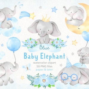 Watercolor Blue Baby Elephant Clipart Graphics, Cute Baby Boy Nursery, Moon, Starts, balloon, Floral, Water Color Clip Art PNG