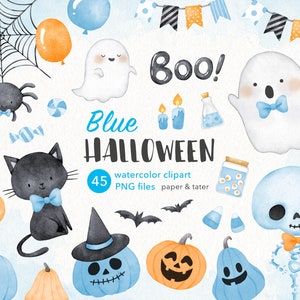 ABSCHALT-VERKAUF - Blaues Halloween-Aquarell Clipart, Pastell-Halloween-Junge PNG