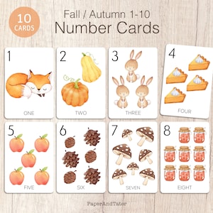 AFSCHEIDSUITVERKOOP - herfstnummerkaarten, telkaarten herfst 1-10, educatief voorschoolse herfstleren flashcards