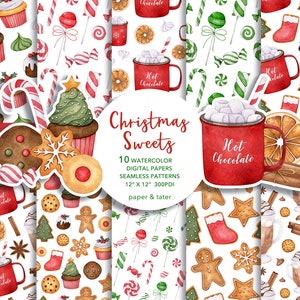 Watercolor Christmas Sweets Digital Papers, Fabric Seamless Pattern, Scrapbook Papers, Wrapping Paper, Xmas Cookies, Desserts, Drinks, Candy