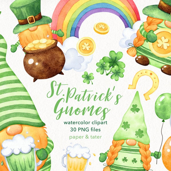 Watercolor St Patricks Day Gnomes Clipart Graphics, Nordic Gnomes png, March Gnome Clipart, Whimsical Irish Leprechaun Water Color Clip Art