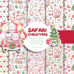 Farewell SALE - Aquarell Safari Weihnachten Digitale Papiere, Stoff Nahtloses Rapportmuster, Weihnachten Wildtier Hintergrund