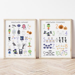 OFERTA DE DESPEDIDA - Pósteres de Halloween con el alfabeto y el conteo, juego de dos pósteres educativos de Halloween con el ABC y el 123 para imprimir en la pared.