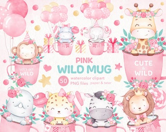 Pink Wild Animals in Mug Watercolor Clipart, Baby Girl Birthday, Party Animal PNG