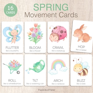 AFSCHEIDSUITVERKOOP: bewegingskaarten voor de lente voor kinderen, actiekaarten voor de lente, flashcards grove motoriek voorschoolse activiteiten