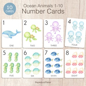AFSCHEIDSUITVERKOOP: kaarten met oceaannummers, telkaarten zeedier 1-10, educatief flashcards voorschools leren