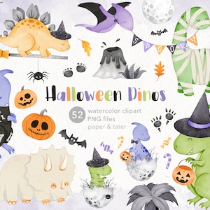 Halloween Dinosaurs Watercolor Clipart, Spooky Dinos PNG