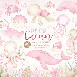 AFSCHEIDSUITVERKOOP - aquarel clipart baby roze oceaandieren, schattige onderzeese babydieren, aquarel png