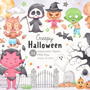 ABSCHALTVERKAUF - Gruselige Halloween Monster Aquarell Clipart, Halloween Charaktere PNG