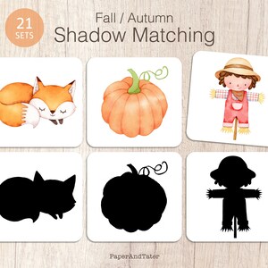 OFERTA DE DESPEDIDA - Tarjetas de emparejamiento de sombras de otoño, Juego de emparejamiento de otoño, Actividad preescolar de otoño