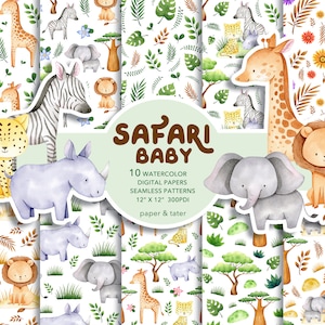 Watercolor Safari Baby Animals Digital Papers, Fabric Seamless Pattern, Scrapbook Papers, Wrapping Paper, African Safari Theme