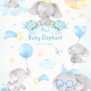 Watercolor Blue Baby Elephant Clipart Graphics, Cute Baby Boy Nursery ...