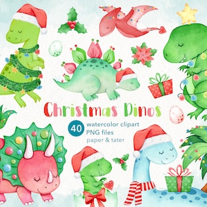 Watercolor Christmas Dinosaurs Clipart, Cute Xmas Dino PNG