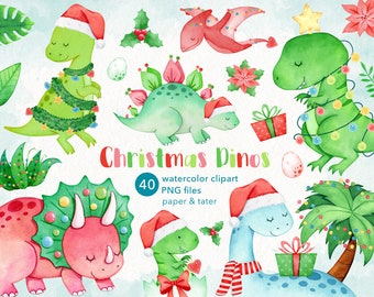 Watercolor Christmas Dinosaurs Clipart, Cute Xmas Dino PNG