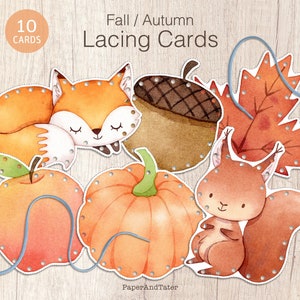 OFERTA DE DESPEDIDA - Tarjetas de encaje de otoño para niños / Actividad de motricidad fina para preescolar / Imprimible de aprendizaje con temática otoñal / Descarga digital