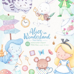 Alice in Wonderland Watercolor Clipart, Tea Party, Alice PNG image 7