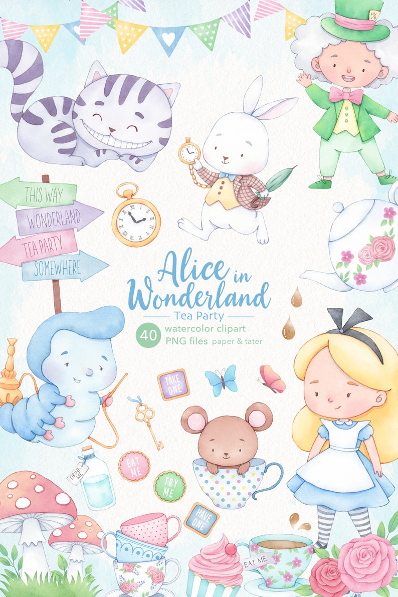 Alice in Wonderland Watercolor Clipart, Tea Party, Alice PNG image 7