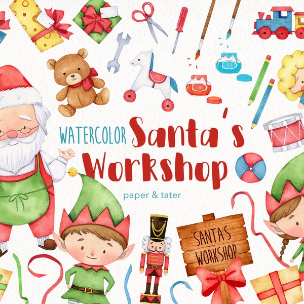 Watercolor Christmas Santa's Workshop Clipart Graphics, Santa Claus Clip Art, Christmas Elves, Xmas Elf, Xmas Gift, Hand Painted Water Color