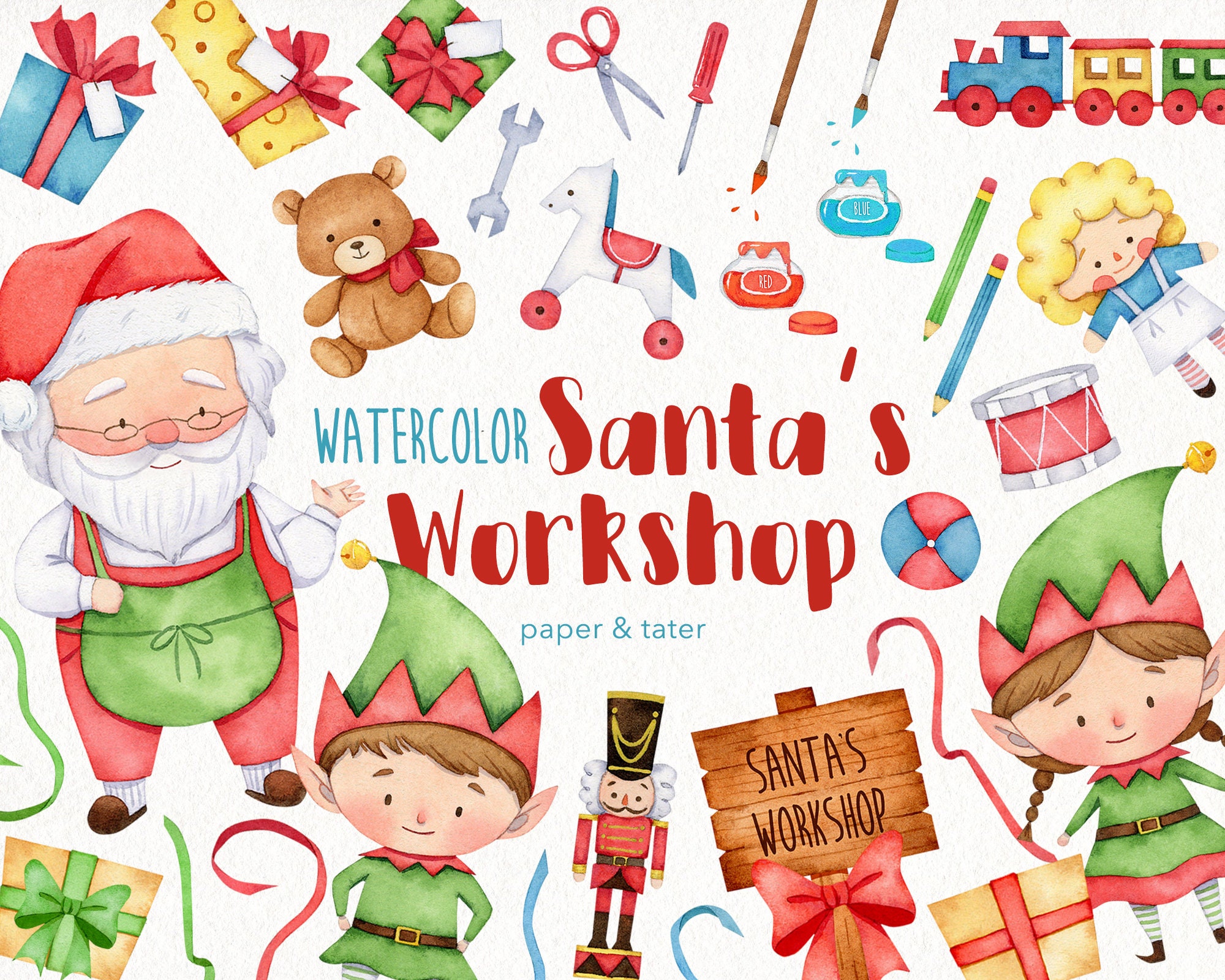 Watercolor Christmas Santa's Workshop Clipart Graphics - Etsy UK