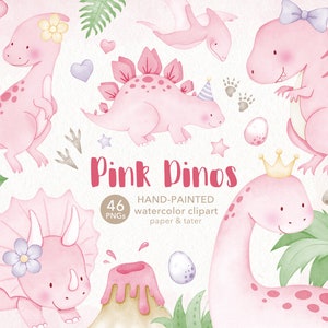 LIQUIDAÇÃO DE DESPEDIDA - Clipart de aquarela de dinossauros rosa bebê, dinossauros fofos para meninas PNG