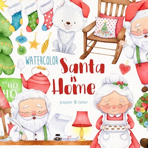 Liquidação de despedida - Clipart de aquarela de Natal com a casa do Papai Noel, clipart de Papai Noel, clipart da Sra. Noel, aquarela pintada à mão