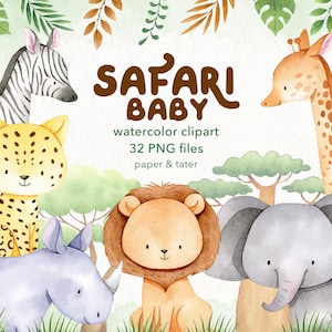 OFERTA DE DESPEDIDA - Clipart de animales bebés de safari en acuarela, animales africanos, selva, elefante bebé, leopardo, rinoceronte, cebra, jirafa, león, PNG