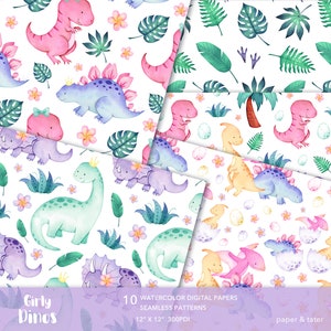 Watercolor Girly Dinosaurs Digital Papers, Fabric Seamless Repeat Pattern, Cute Dino Background image 2