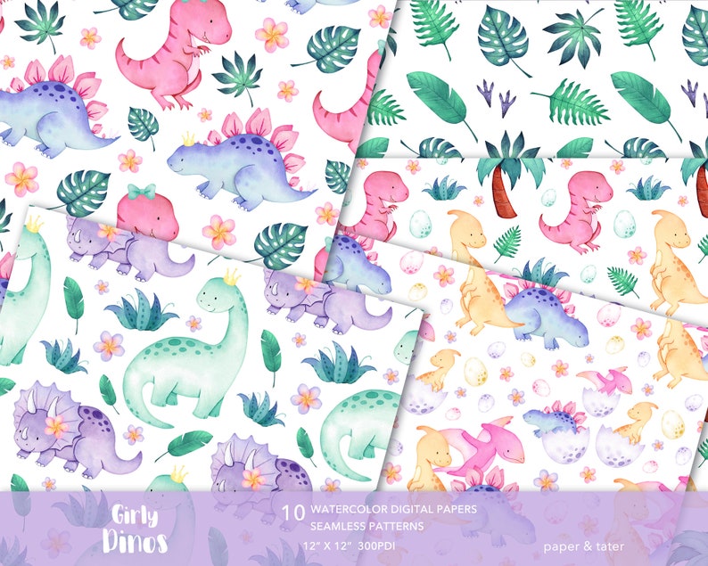 Watercolor Girly Dinosaurs Digital Papers, Fabric Seamless Repeat Pattern, Cute Dino Background image 2