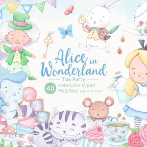 Alice in Wonderland Watercolor Clipart, Tea Party, Alice PNG image 1