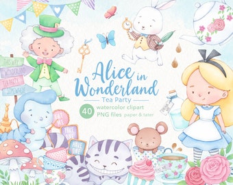Alice in Wonderland Watercolor Clipart, Tea Party, Alice PNG