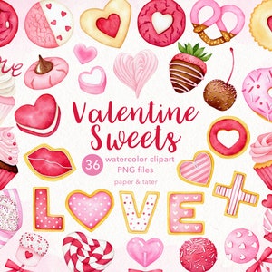 AFSCHEIDSUITVERKOOP - aquarel Valentijnssnoepjes clipart, liefdeskoekjes, cupcake, lolly, popcorn, roze desserts aquarel kleur png