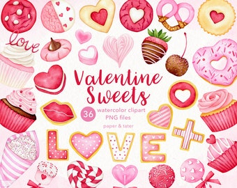 Watercolor Valentine Sweets Clipart, Love Cookies, Cupcake, Lollipop, Popcorn, Pink Desserts Water Color PNG